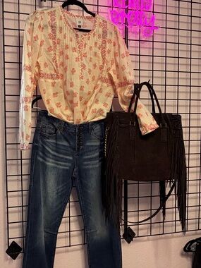 CAbi Cream Blouse with Pink Floral Print